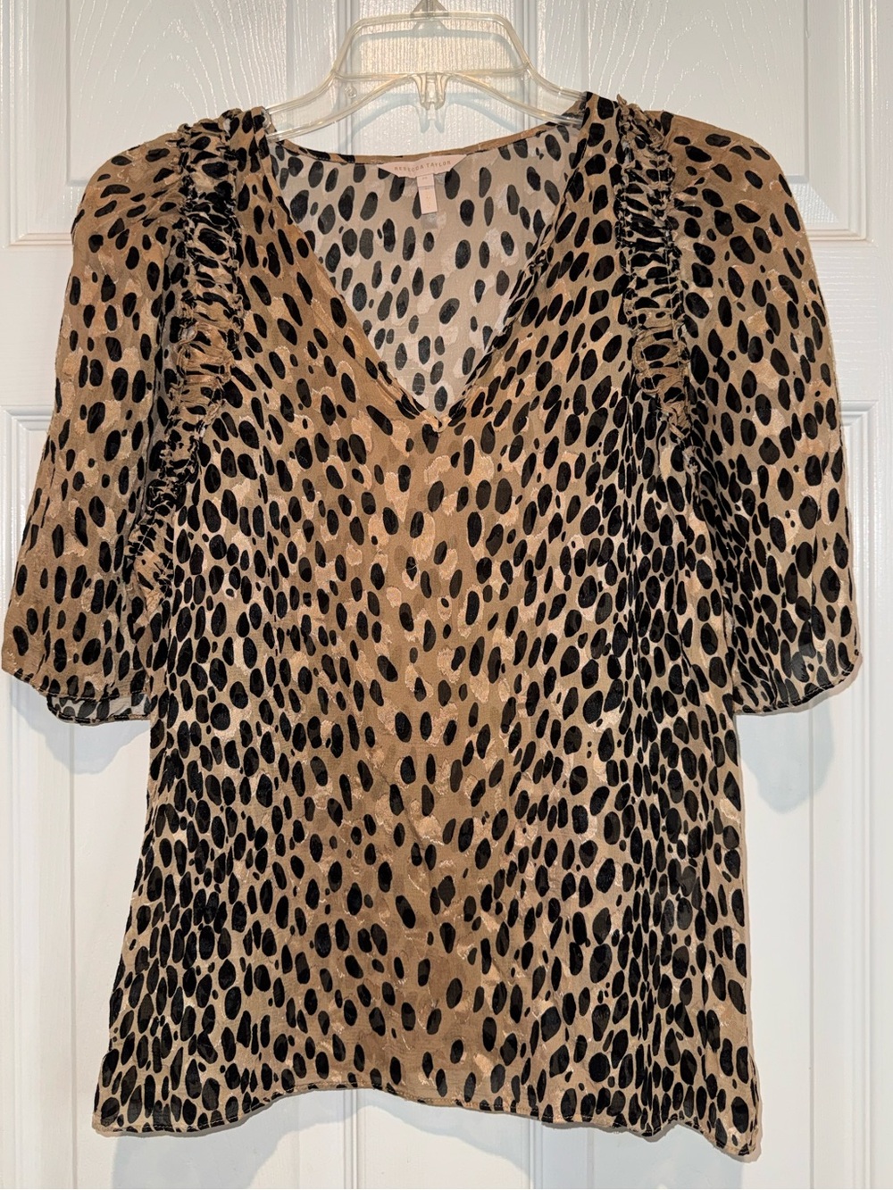 Rebecca Taylor Tan and Black Printed V-Neck Silk Ruffle Sleeve Blouse. Size M